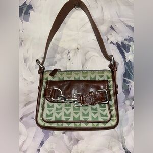 Vintage Michael Kors Light green two tone Canvas Brown Leather Trim Hand Bag